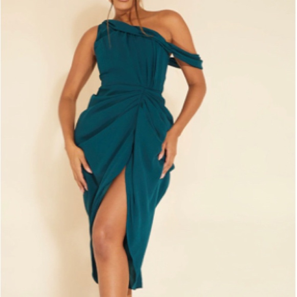 Emerald Green Chiffon Asymmetric Strap Draped Midi Dress